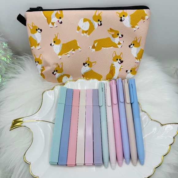 Corgi Dog Print Pencil Case Cute Zipper Pouch w/ highlighters & gel pens bundle - Picture 1 of 6